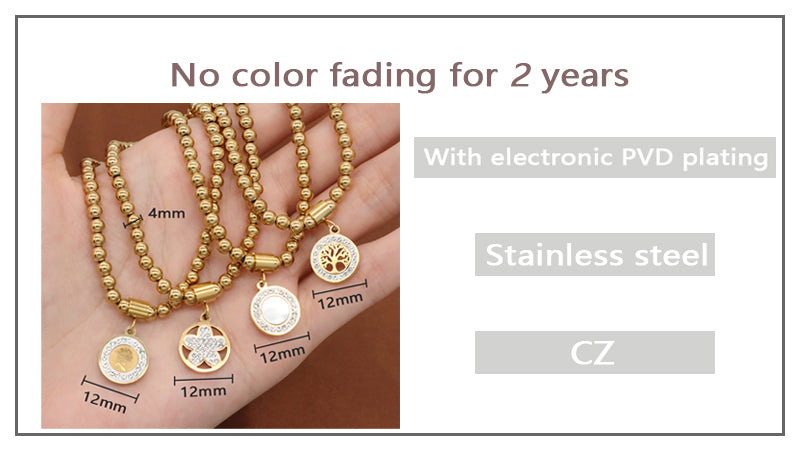Wholesale Custom Diy Handmade CZ Flower Family Tree Charm Gold Plated 4mm Stainless Steel Beaded Bracelet for Teen Girl Women