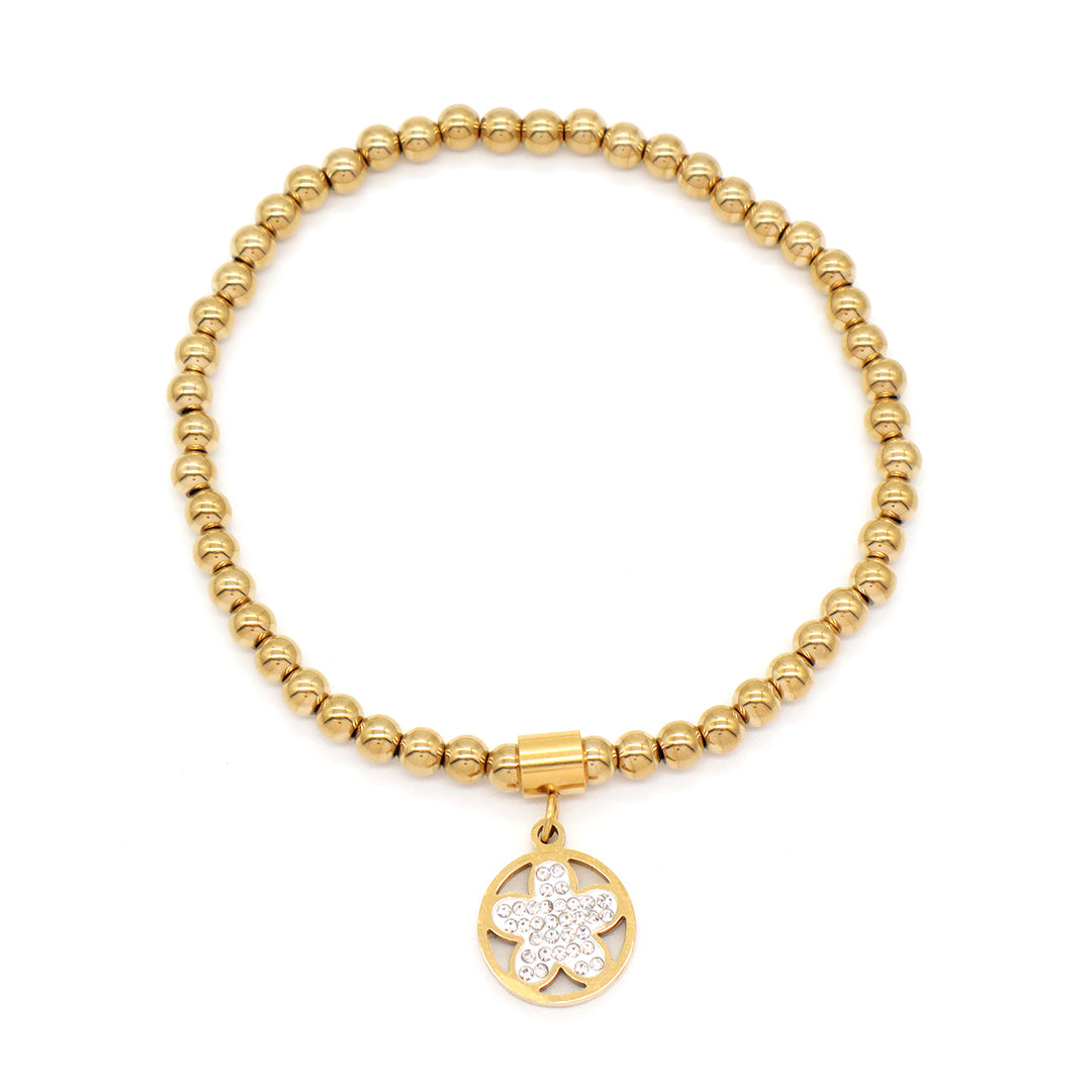 Wholesale Custom Diy Handmade CZ Flower Family Tree Charm Gold Plated 4mm Stainless Steel Beaded Bracelet for Teen Girl Women