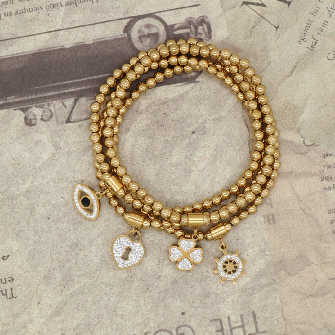 Handmade Custom Diy Wholesale Women Eyes Flower Heart Rudder Charm 4mm Gold Plated Stainless Steel Beaded Evil Eyes Bracelet