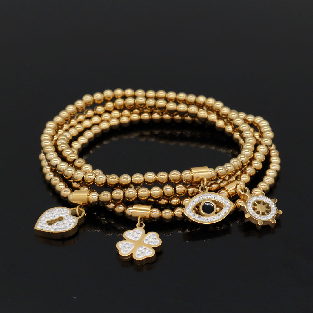 Handmade Custom Diy Wholesale Women Eyes Flower Heart Rudder Charm 4mm Gold Plated Stainless Steel Beaded Evil Eyes Bracelet