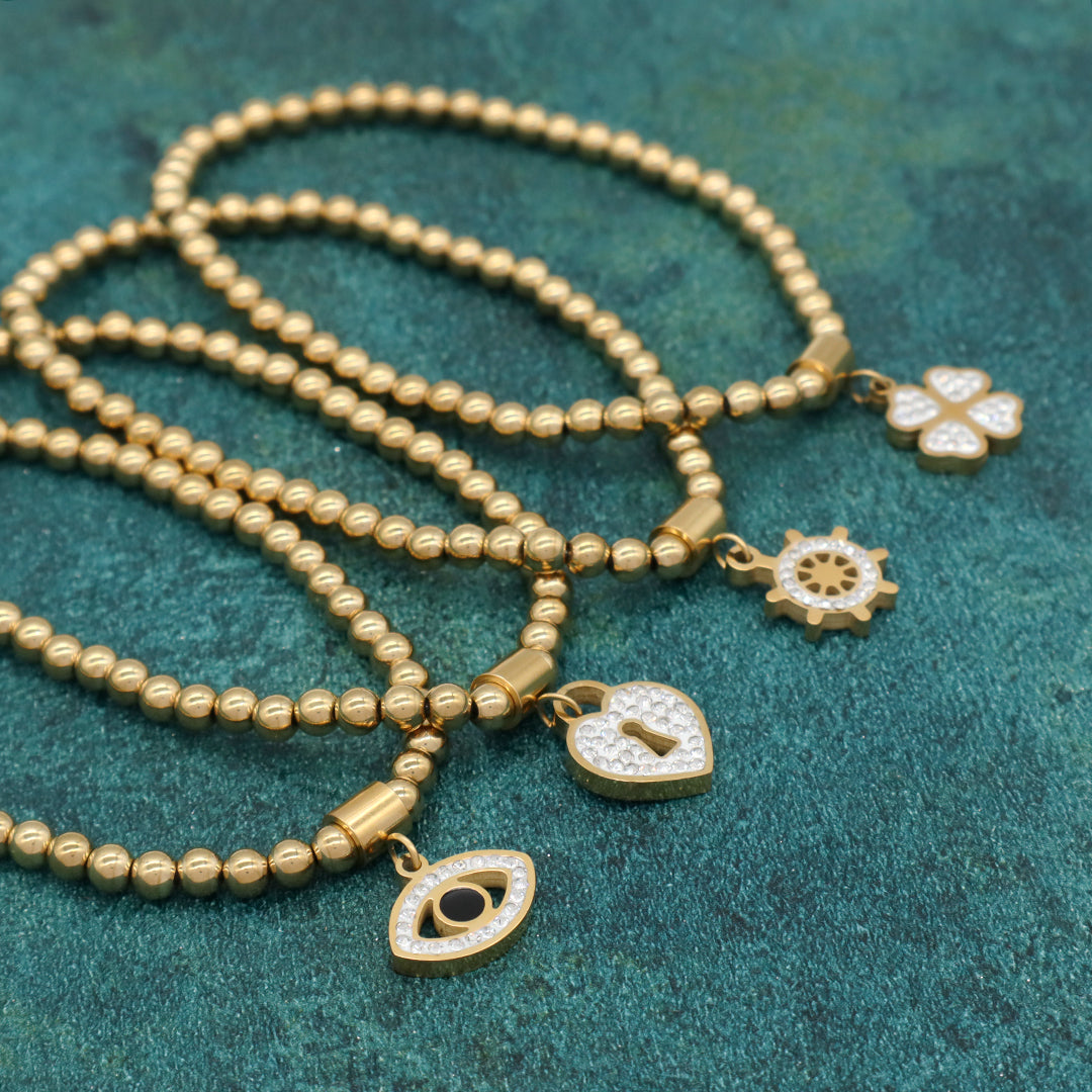 Handmade Custom Diy Wholesale Women Eyes Flower Heart Rudder Charm 4mm Gold Plated Stainless Steel Beaded Evil Eyes Bracelet