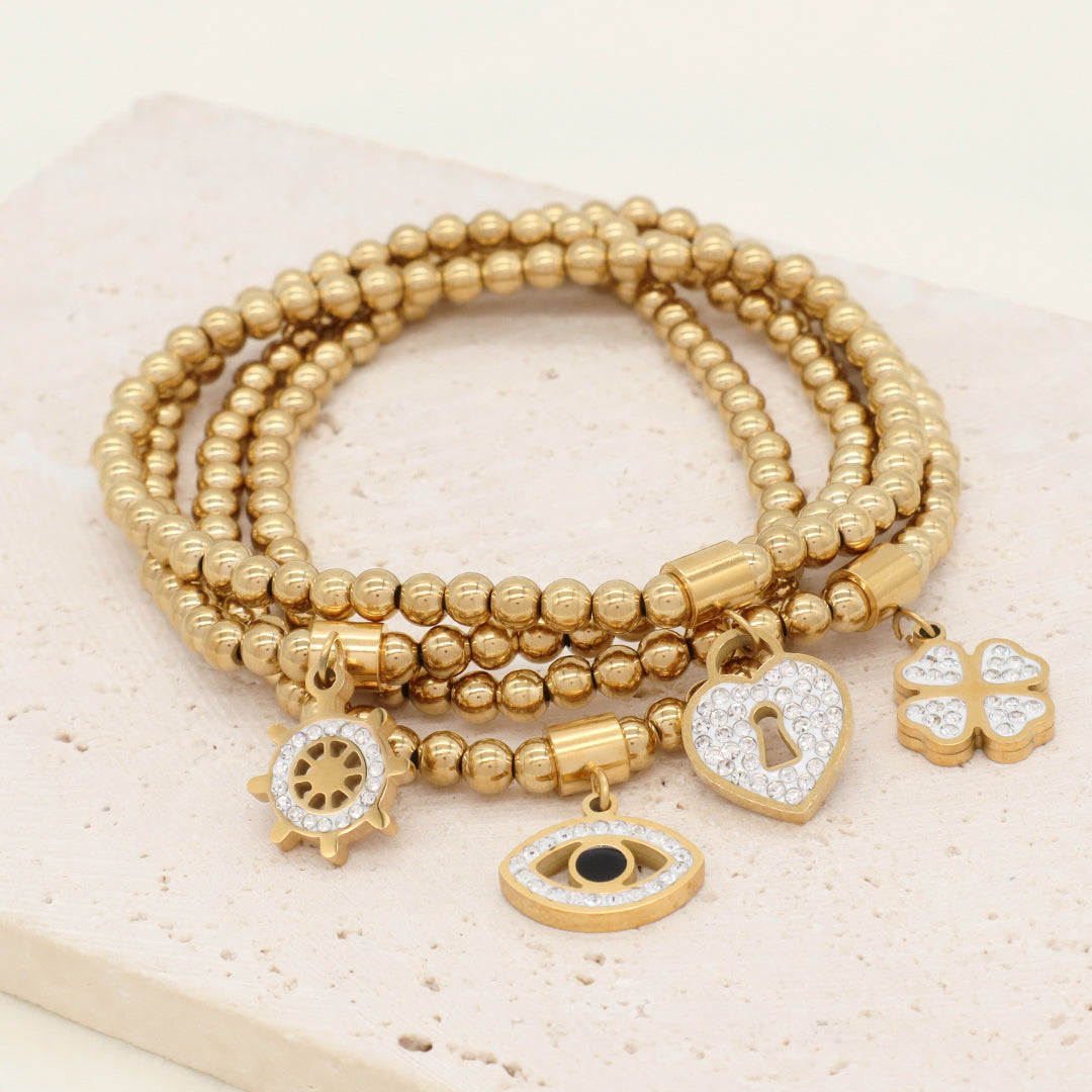 Handmade Custom Diy Wholesale Women Eyes Flower Heart Rudder Charm 4mm Gold Plated Stainless Steel Beaded Evil Eyes Bracelet