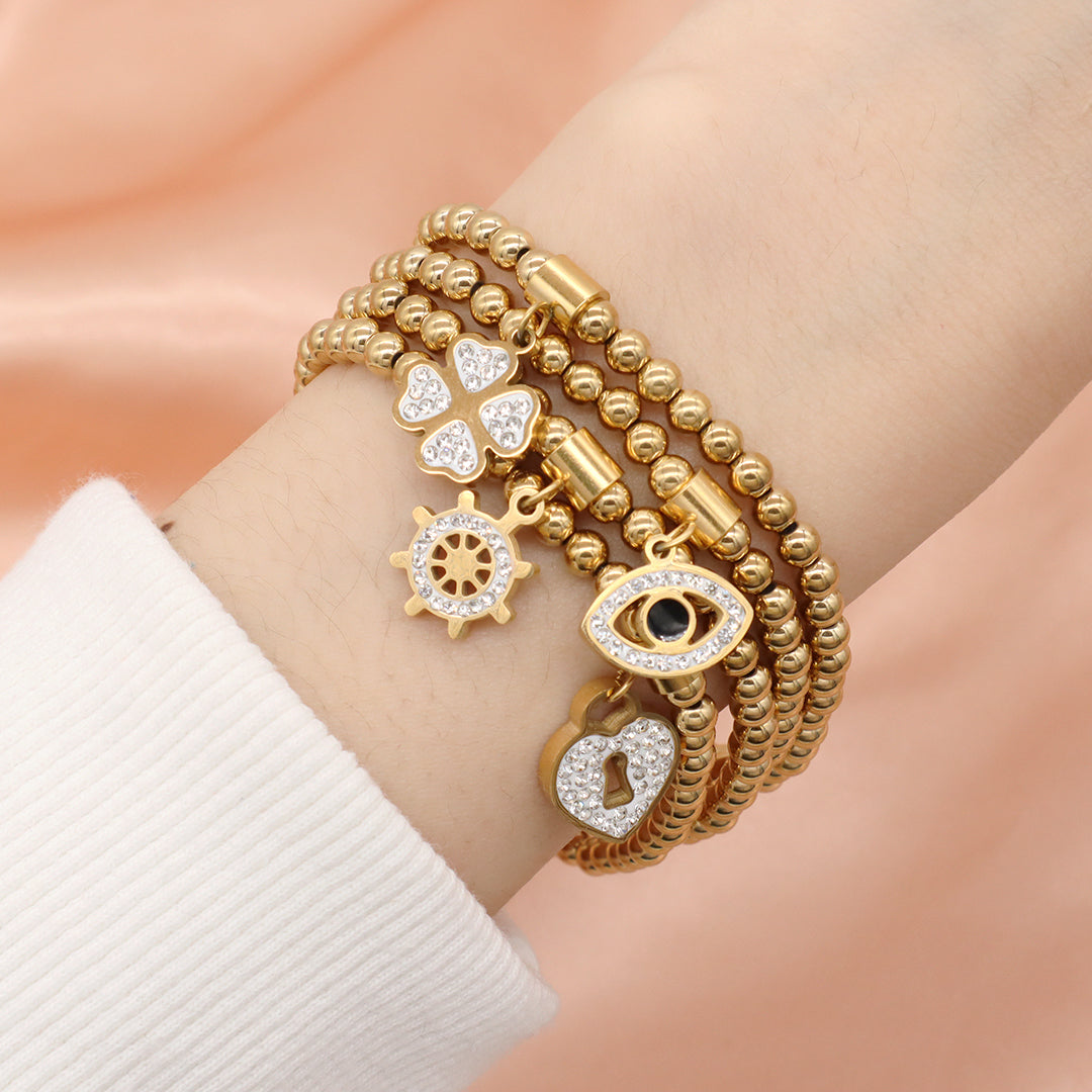 Handmade Custom Diy Wholesale Women Eyes Flower Heart Rudder Charm 4mm Gold Plated Stainless Steel Beaded Evil Eyes Bracelet