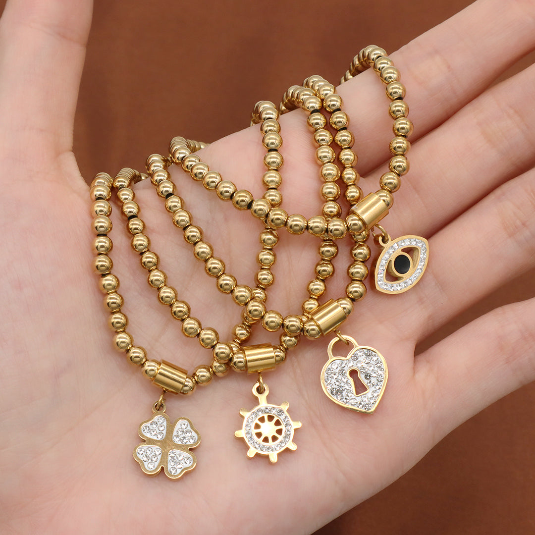 Handmade Custom Diy Wholesale Women Eyes Flower Heart Rudder Charm 4mm Gold Plated Stainless Steel Beaded Evil Eyes Bracelet