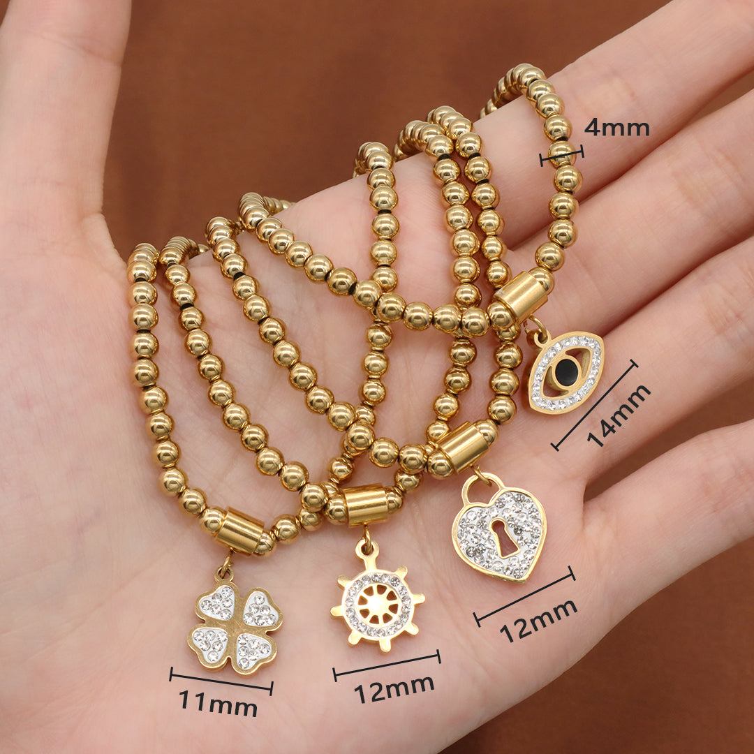 Handmade Custom Diy Wholesale Women Eyes Flower Heart Rudder Charm 4mm Gold Plated Stainless Steel Beaded Evil Eyes Bracelet
