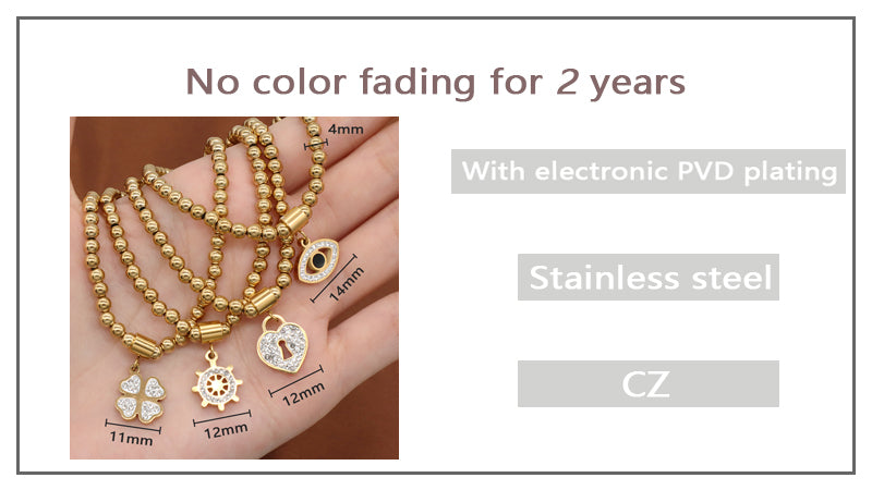 Handmade Custom Diy Wholesale Women Eyes Flower Heart Rudder Charm 4mm Gold Plated Stainless Steel Beaded Evil Eyes Bracelet
