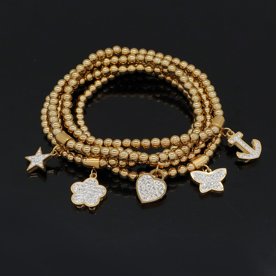 Wholesale Custom Women Diy CZ Heart Star Butterfly Flower Anchor Charm 4mm Gold Plated Stainless Steel Handmade Beaded Bracelet