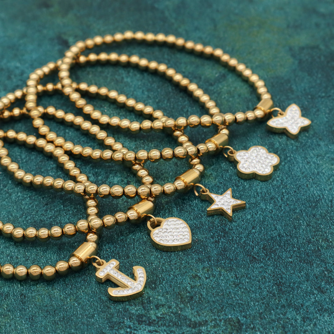 Wholesale Custom Women Diy CZ Heart Star Butterfly Flower Anchor Charm 4mm Gold Plated Stainless Steel Handmade Beaded Bracelet
