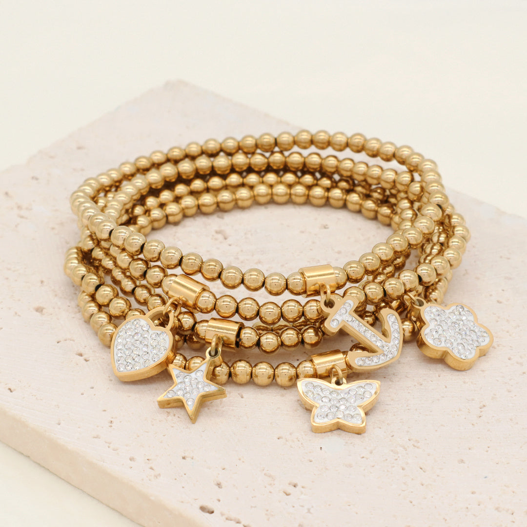 Wholesale Custom Women Diy CZ Heart Star Butterfly Flower Anchor Charm 4mm Gold Plated Stainless Steel Handmade Beaded Bracelet