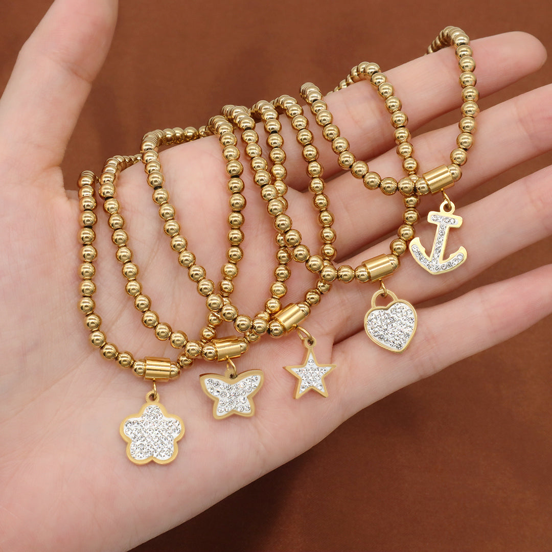 Wholesale Custom Women Diy CZ Heart Star Butterfly Flower Anchor Charm 4mm Gold Plated Stainless Steel Handmade Beaded Bracelet