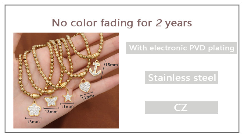 Wholesale Custom Women Diy CZ Heart Star Butterfly Flower Anchor Charm 4mm Gold Plated Stainless Steel Handmade Beaded Bracelet