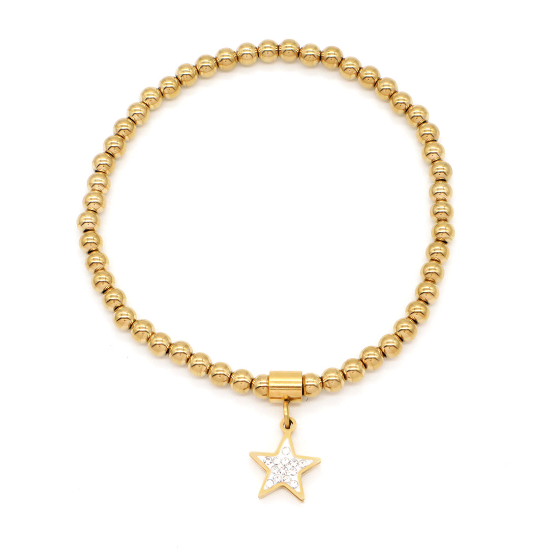 Wholesale Custom Women Diy CZ Heart Star Butterfly Flower Anchor Charm 4mm Gold Plated Stainless Steel Handmade Beaded Bracelet