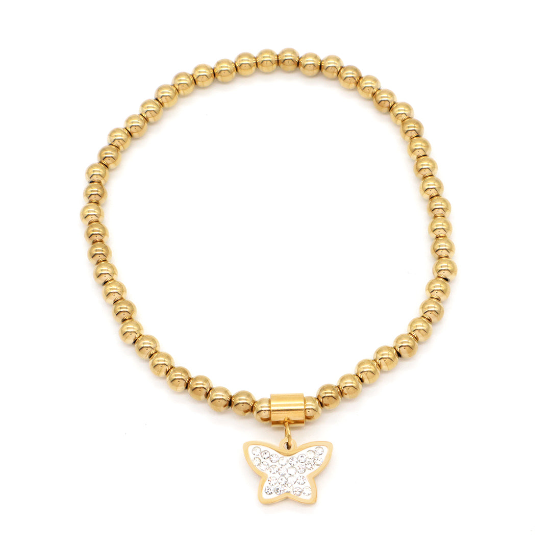 Wholesale Custom Women Diy CZ Heart Star Butterfly Flower Anchor Charm 4mm Gold Plated Stainless Steel Handmade Beaded Bracelet