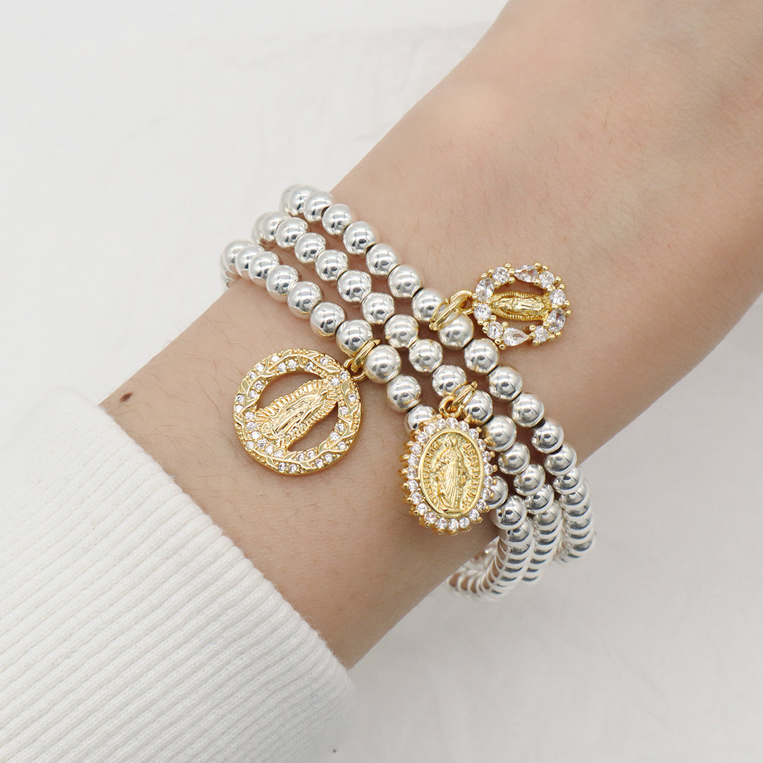 Factory Wholesale Custom Diy Silver Plated CZ Holy Light Religion Virgin Mary Charm 4mm Natural Stone beads Bracelet for Women