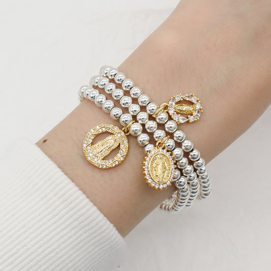 Factory Wholesale Custom Diy Silver Plated CZ Holy Light Religion Virgin Mary Charm 4mm Natural Stone beads Bracelet for Women