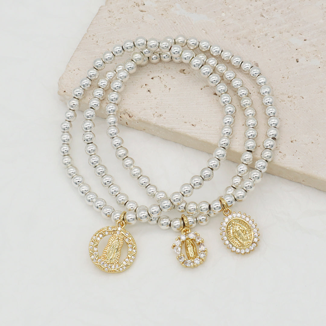Factory Wholesale Custom Diy Silver Plated CZ Holy Light Religion Virgin Mary Charm 4mm Natural Stone beads Bracelet for Women