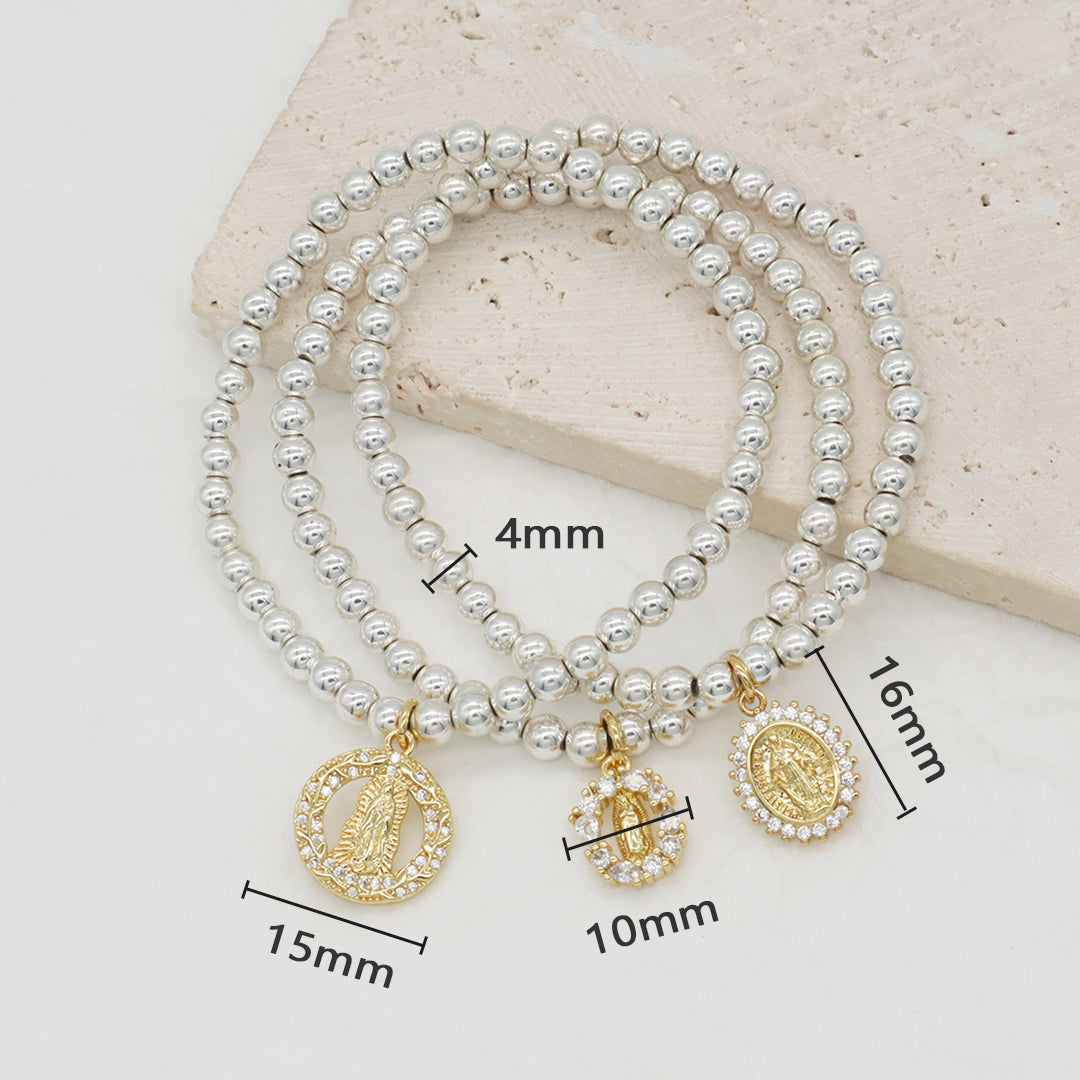 Factory Wholesale Custom Diy Silver Plated CZ Holy Light Religion Virgin Mary Charm 4mm Natural Stone beads Bracelet for Women