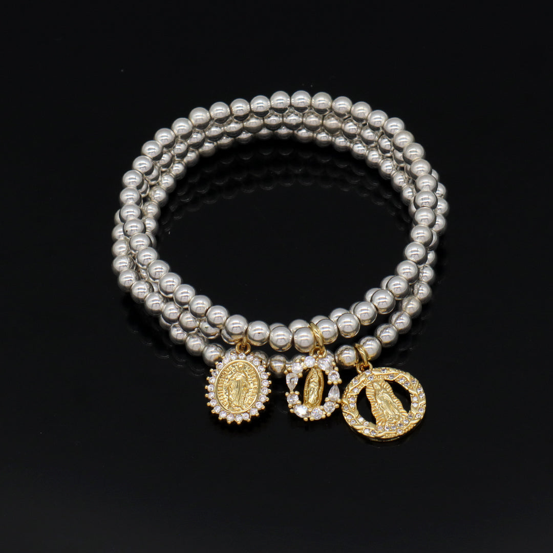 Factory Wholesale Custom Diy Silver Plated CZ Holy Light Religion Virgin Mary Charm 4mm Natural Stone beads Bracelet for Women