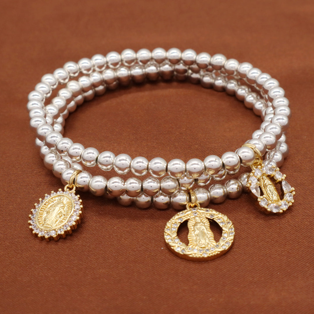 Factory Wholesale Custom Diy Silver Plated CZ Holy Light Religion Virgin Mary Charm 4mm Natural Stone beads Bracelet for Women