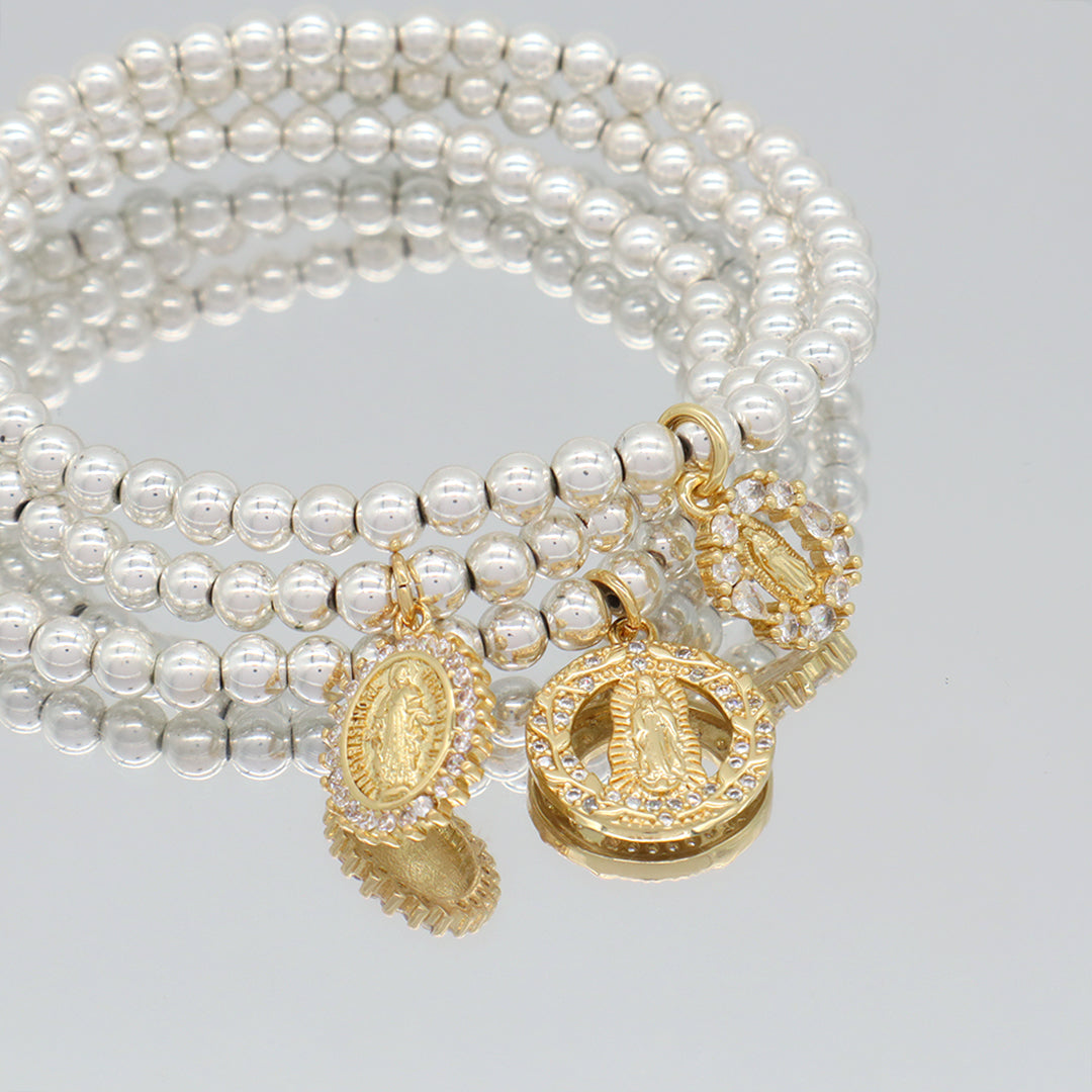 Factory Wholesale Custom Diy Silver Plated CZ Holy Light Religion Virgin Mary Charm 4mm Natural Stone beads Bracelet for Women