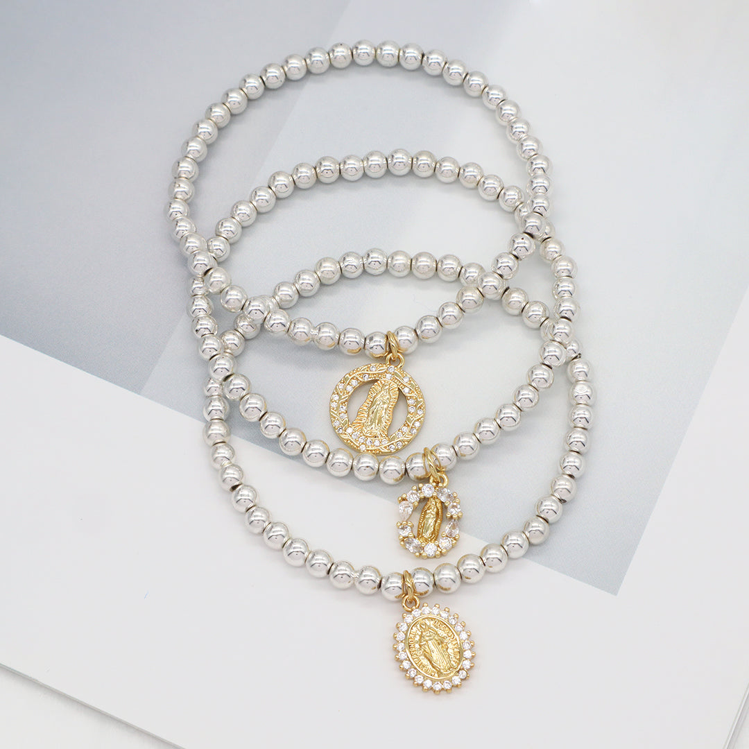 Factory Wholesale Custom Diy Silver Plated CZ Holy Light Religion Virgin Mary Charm 4mm Natural Stone beads Bracelet for Women