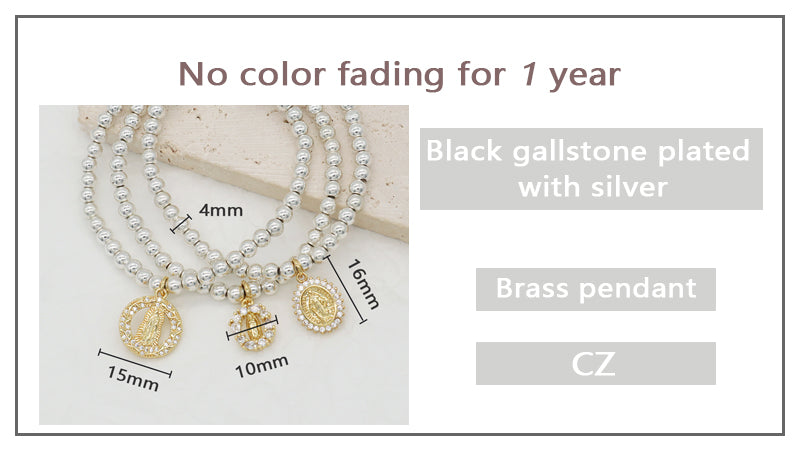 Factory Wholesale Custom Diy Silver Plated CZ Holy Light Religion Virgin Mary Charm 4mm Natural Stone beads Bracelet for Women