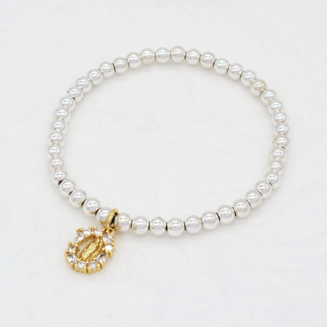 Factory Wholesale Custom Diy Silver Plated CZ Holy Light Religion Virgin Mary Charm 4mm Natural Stone beads Bracelet for Women