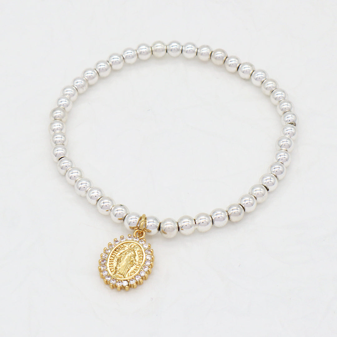 Factory Wholesale Custom Diy Silver Plated CZ Holy Light Religion Virgin Mary Charm 4mm Natural Stone beads Bracelet for Women