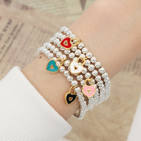 Diy Wholesale OEM Handmade Custom Silver Plated 4mm Natural Stone Beads Enamel Love Heart Charm Bracelets For Women Girl Gift