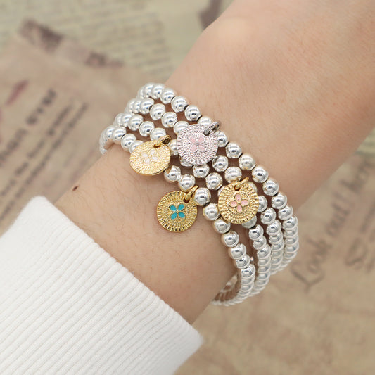 Best Selling Round Enamel Flower Charm OEM Handmade Diy Wholesale Custom Women Silver Plated 4mm Natural Stone Beads Bracelets
