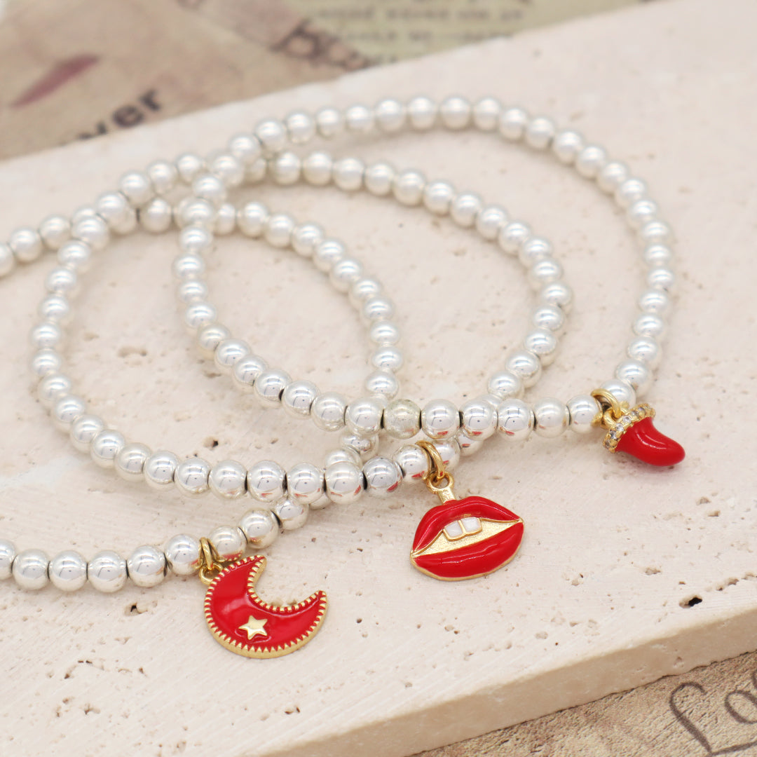 Custom Women OEM Handmade Diy Wholesale Gift CZ Red Enamel Moon Star Lip Charm Silver Plated 4mm Natural Stone Beaded Bracelets