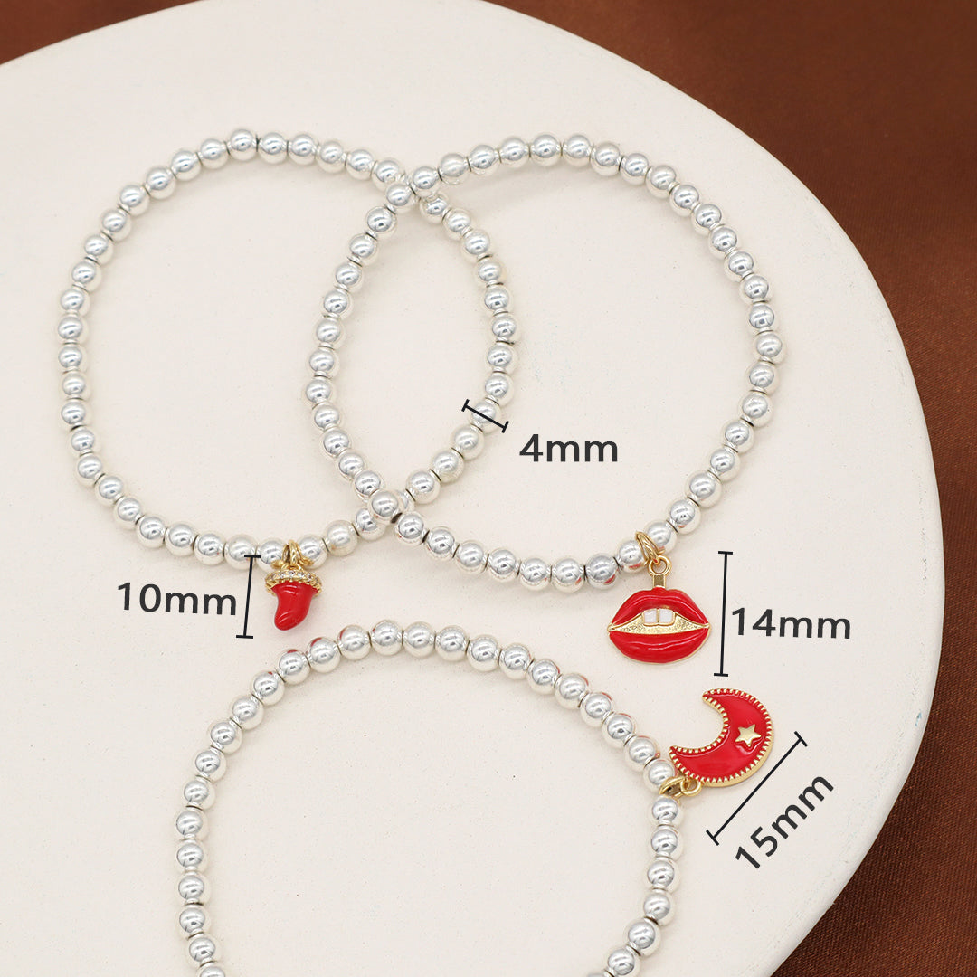 Custom Women OEM Handmade Diy Wholesale Gift CZ Red Enamel Moon Star Lip Charm Silver Plated 4mm Natural Stone Beaded Bracelets