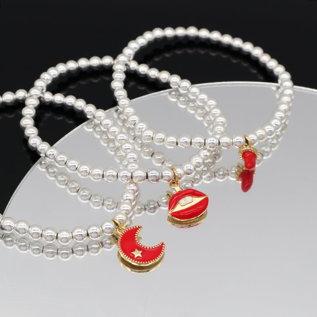 Custom Women OEM Handmade Diy Wholesale Gift CZ Red Enamel Moon Star Lip Charm Silver Plated 4mm Natural Stone Beaded Bracelets