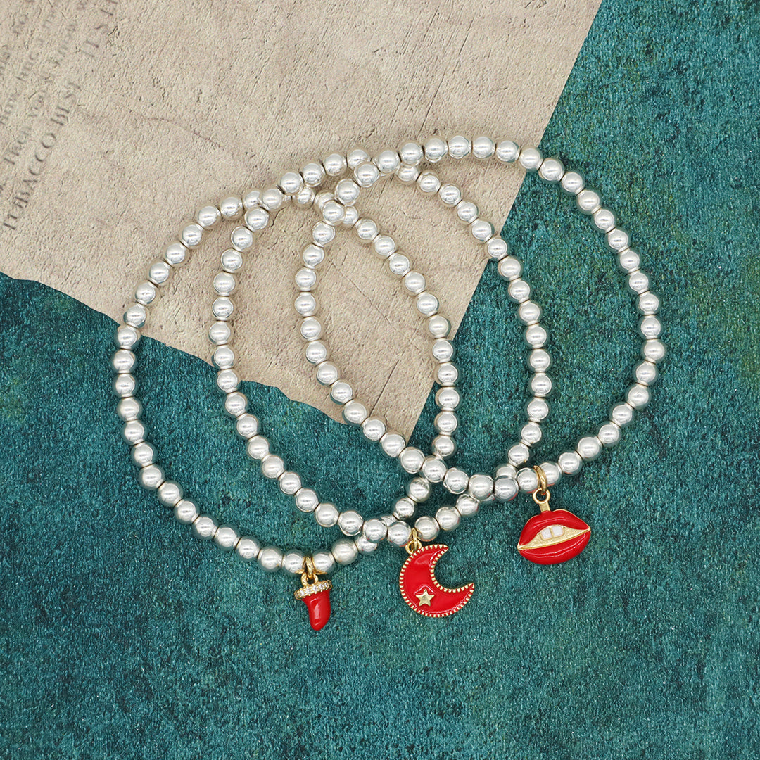 Custom Women OEM Handmade Diy Wholesale Gift CZ Red Enamel Moon Star Lip Charm Silver Plated 4mm Natural Stone Beaded Bracelets