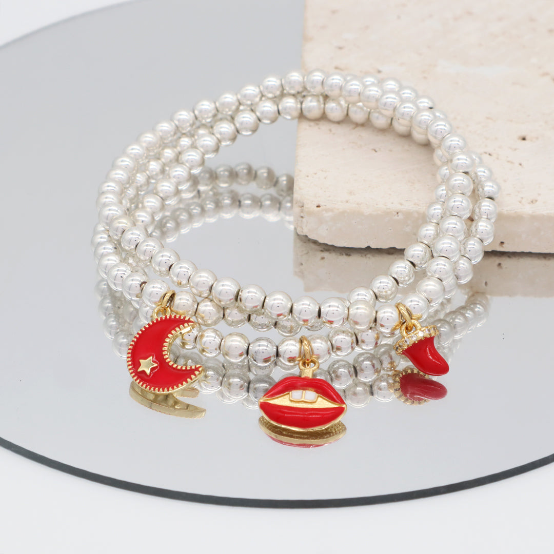 Custom Women OEM Handmade Diy Wholesale Gift CZ Red Enamel Moon Star Lip Charm Silver Plated 4mm Natural Stone Beaded Bracelets