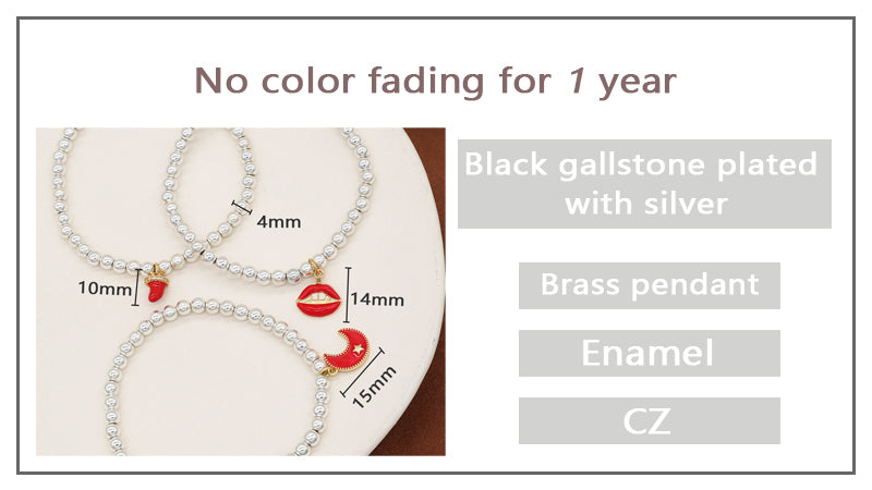 Custom Women OEM Handmade Diy Wholesale Gift CZ Red Enamel Moon Star Lip Charm Silver Plated 4mm Natural Stone Beaded Bracelets