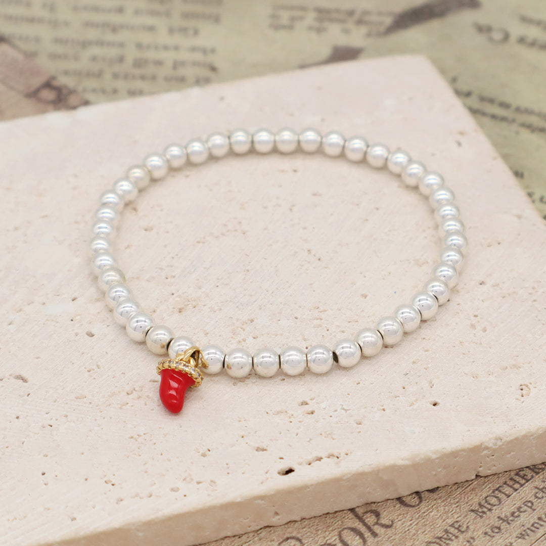 Custom Women OEM Handmade Diy Wholesale Gift CZ Red Enamel Moon Star Lip Charm Silver Plated 4mm Natural Stone Beaded Bracelets