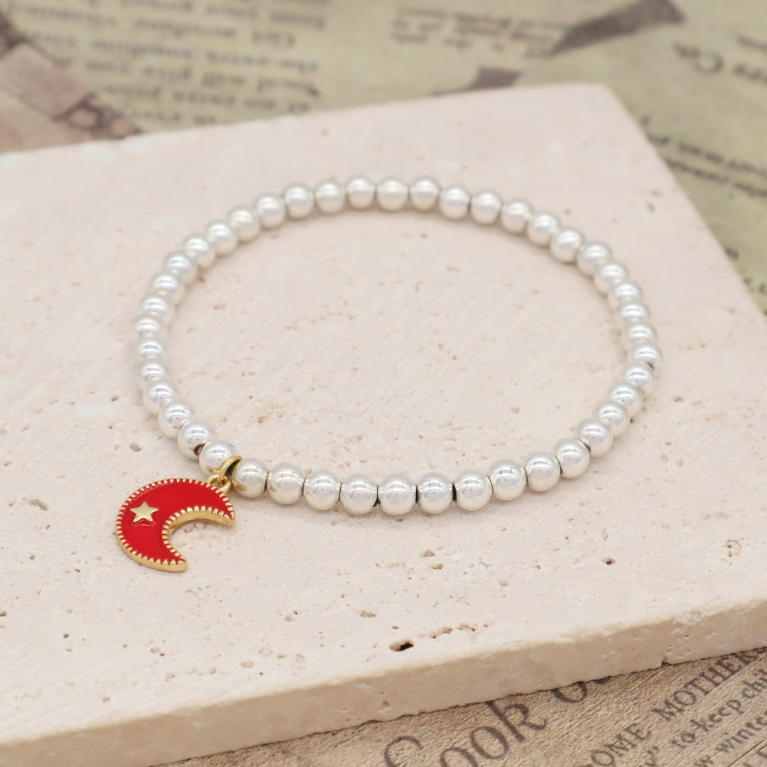 Custom Women OEM Handmade Diy Wholesale Gift CZ Red Enamel Moon Star Lip Charm Silver Plated 4mm Natural Stone Beaded Bracelets