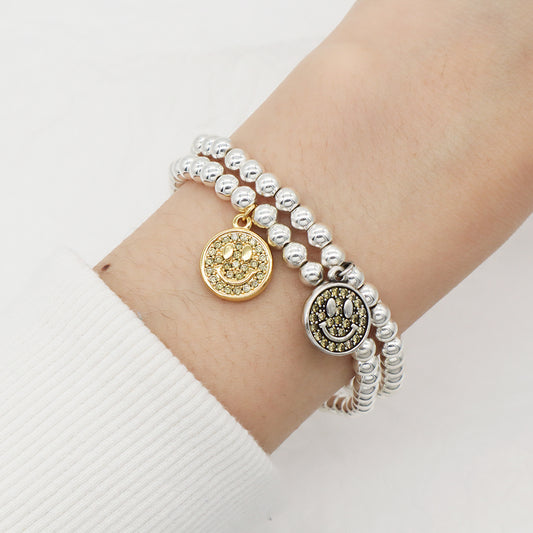 New Bulk Sale Custom Women OEM Diy Handmade Silver Plated 4mm Natural Stone Beaded CZ Smiley Face Charm Bracelets For Gift