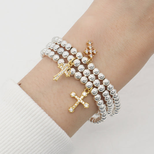 Wholesale Customized OEM Diy Handmade CZ Cross Charm Silver Plated 4mm Natural Stone Cross Beads Bracelets For Women Girl Gift
