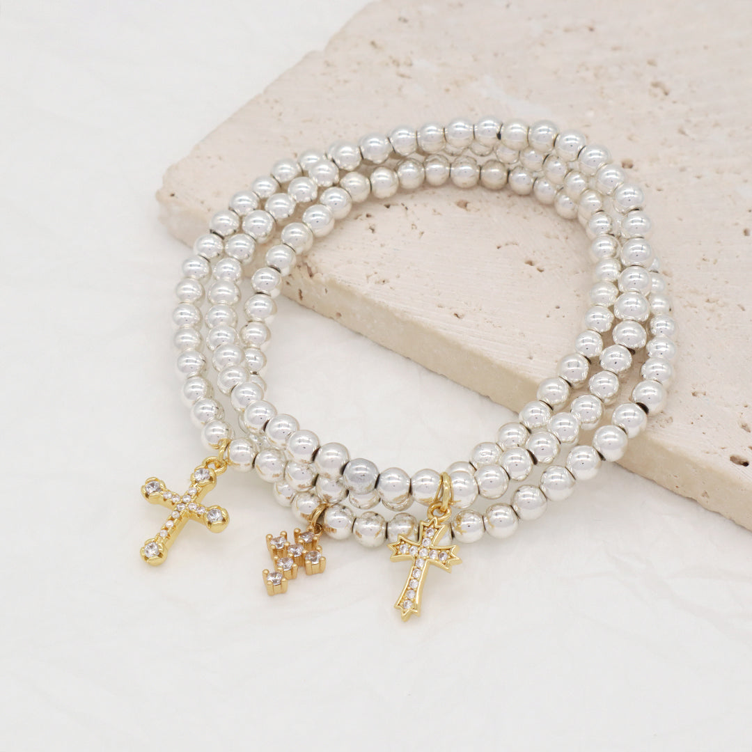Wholesale Customized OEM Diy Handmade CZ Cross Charm Silver Plated 4mm Natural Stone Cross Beads Bracelets For Women Girl Gift