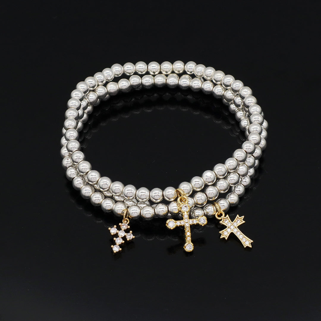 Wholesale Customized OEM Diy Handmade CZ Cross Charm Silver Plated 4mm Natural Stone Cross Beads Bracelets For Women Girl Gift