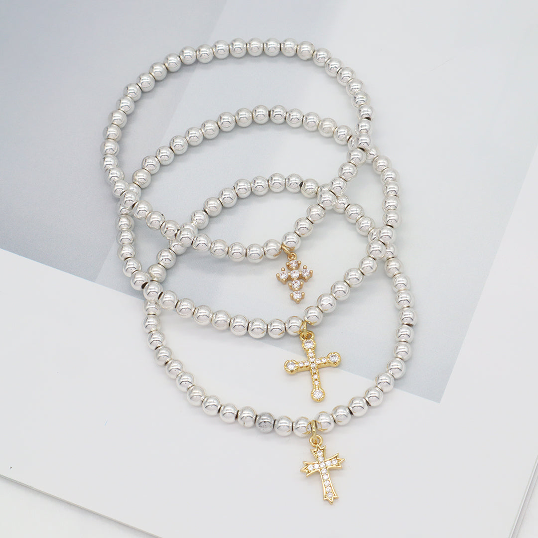 Wholesale Customized OEM Diy Handmade CZ Cross Charm Silver Plated 4mm Natural Stone Cross Beads Bracelets For Women Girl Gift