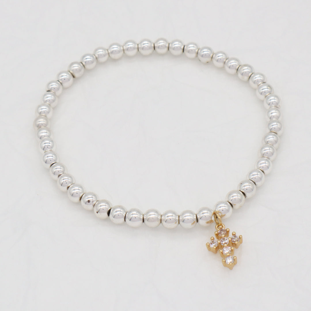 Wholesale Customized OEM Diy Handmade CZ Cross Charm Silver Plated 4mm Natural Stone Cross Beads Bracelets For Women Girl Gift