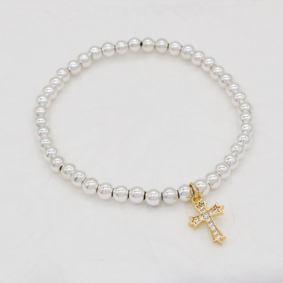 Wholesale Customized OEM Diy Handmade CZ Cross Charm Silver Plated 4mm Natural Stone Cross Beads Bracelets For Women Girl Gift