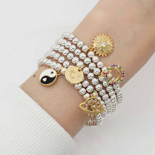 OEM Handmade Custom Women Gift Diy Silver Plated 4mm Natural Stone Beaded CZ Clock Smiley Face Evil Eyes Heart Charm Bracelets