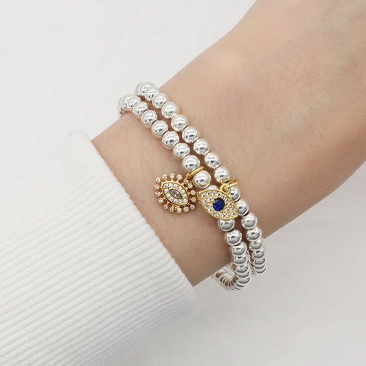 Diy Factory Wholesale Custom Handmade CZ Turkish Evil Eyes Charm Silver Plated 4mm Natural Stone beaded Bracelet for Women Girl