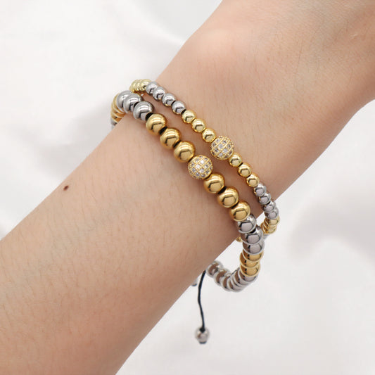4mm 6mm Gold Plated CZ Ball Customized Braided Cord Handmade Adjustable Macrame Stainless Steel Beaded Bracelet For Men Women