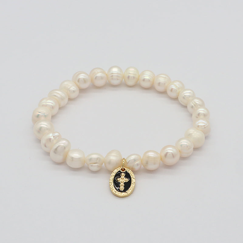 Custom Fashion Wholesale Factory Jewelry Handmade elastic CZ Sea Star Charm 7mm Natural Fresh Water Pearl Bracelet For Women