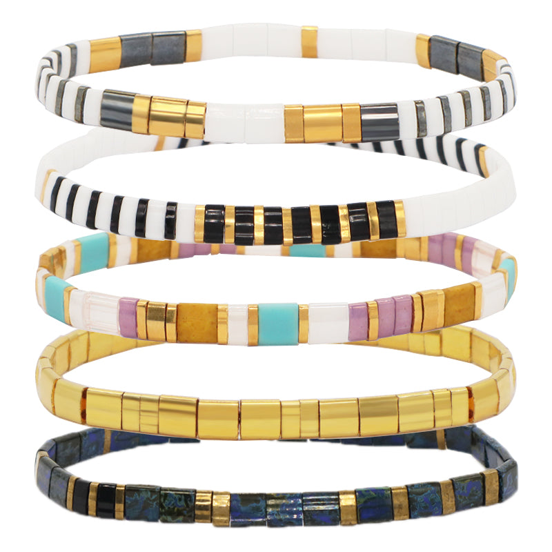 Various Custom Wholesale Handmade Colorful Boho Miyuki Jewelry Gift Elastic Flat Tile Miyuki Tila Beads Bracelet For Women Girls